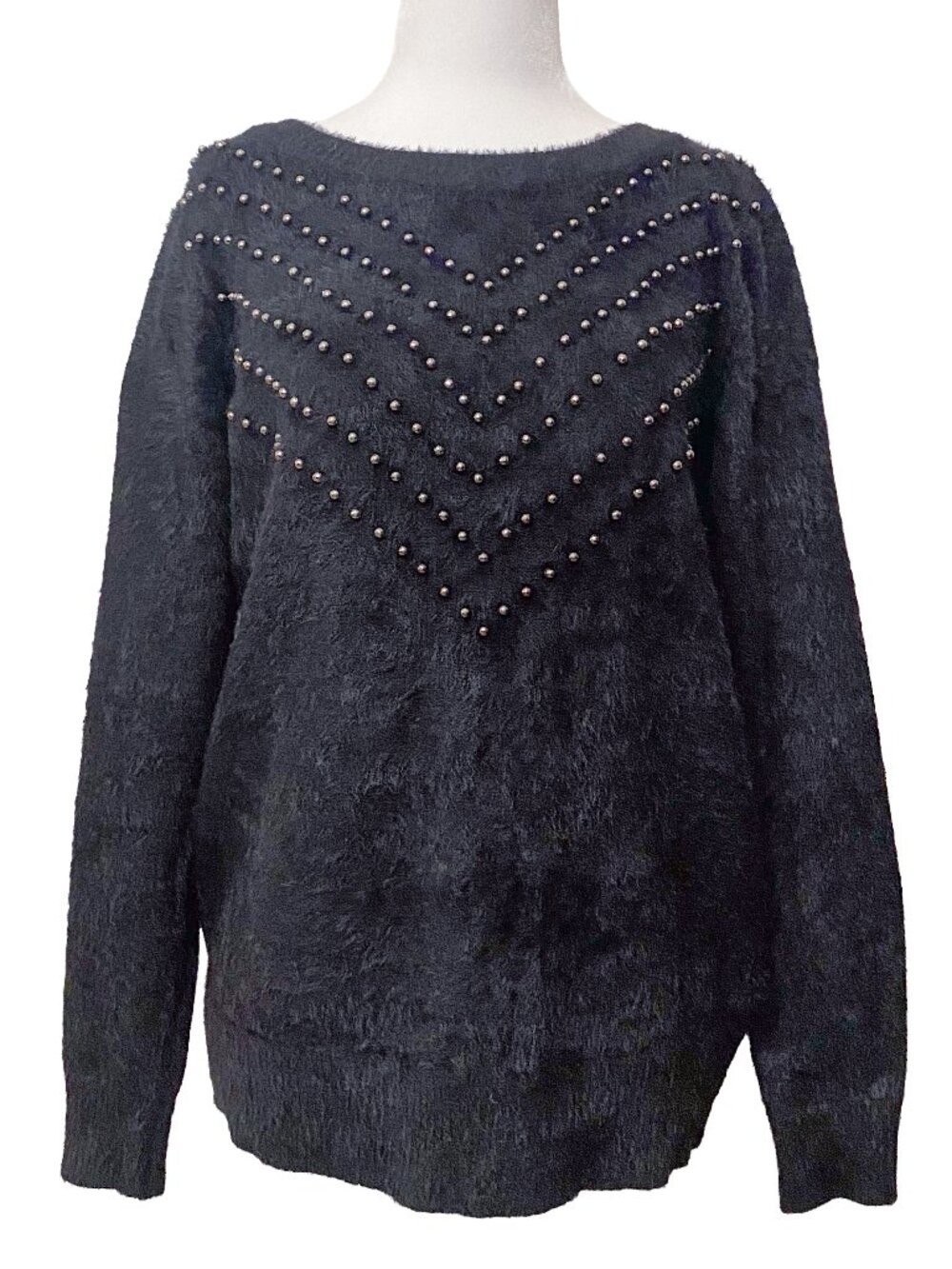 NANETTE LEPORE Black Eyelash Knit Studded Chevron Sweater M